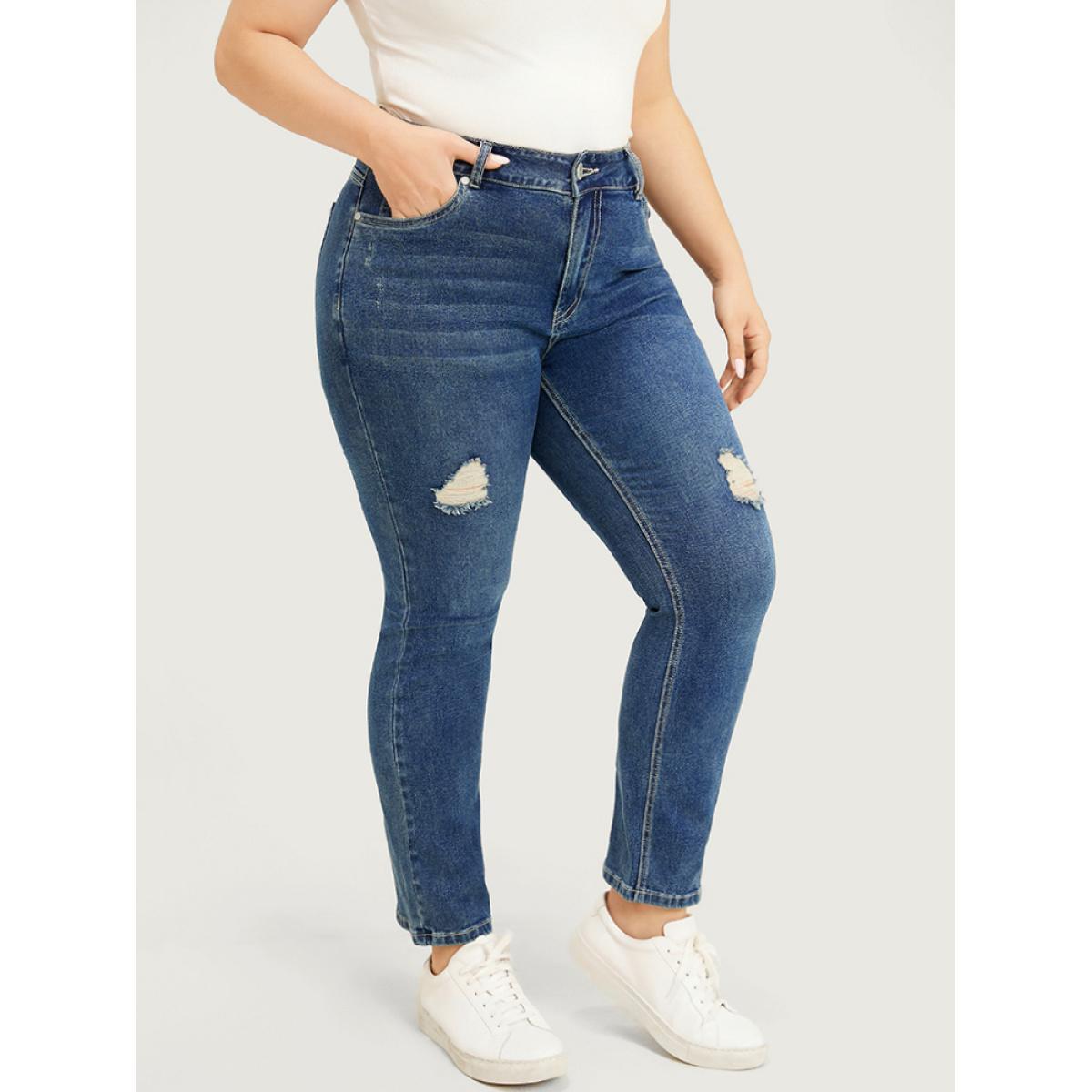 Plus Size Straight Leg Very Stretchy High Rise Medium Wash Jeans Women Indigo Casual Plain Distressed High stretch Pocket Jeans BloomChic 12/L Product Image