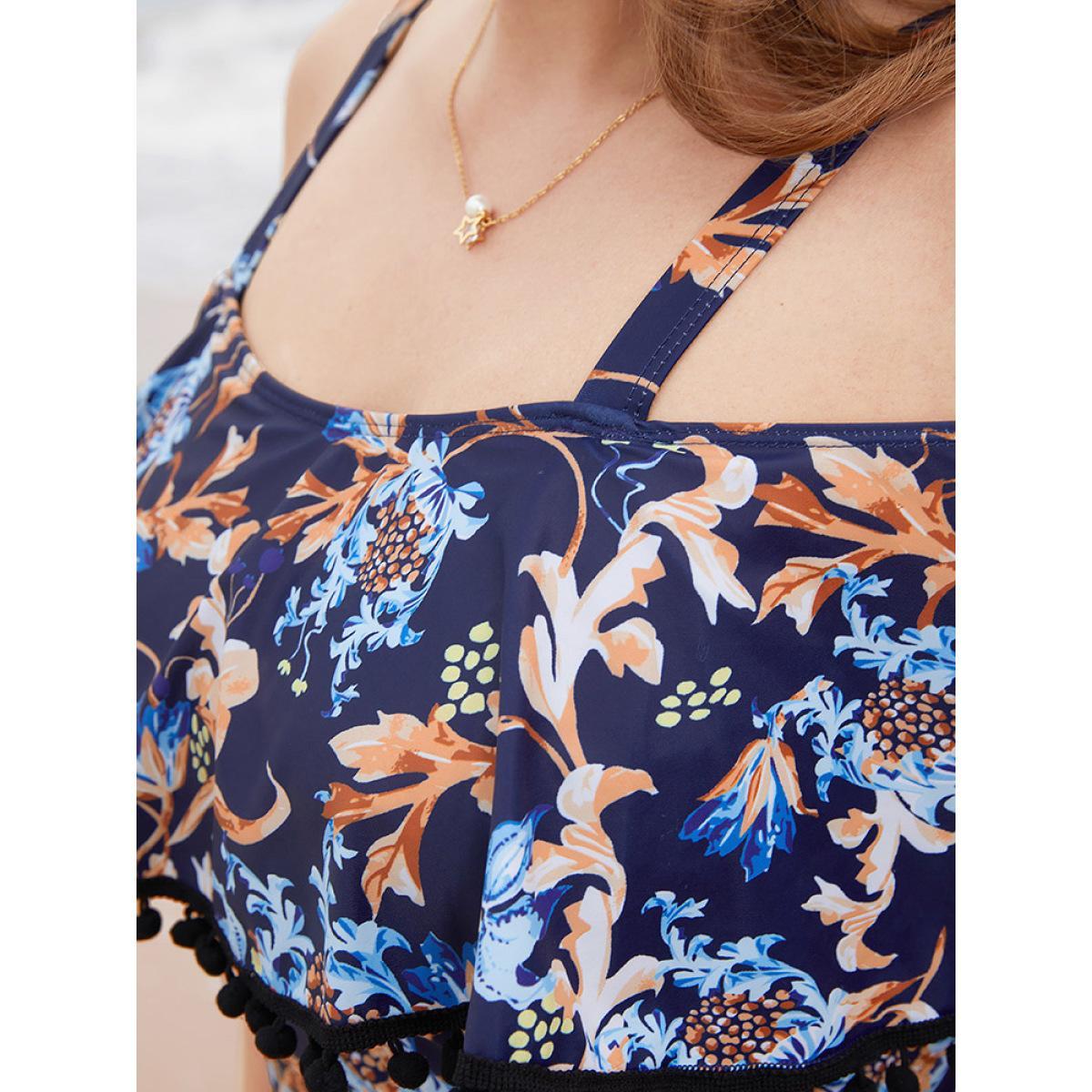 Plus Size Floral Pompom Trim Cold Shoulder One Piece Swimsuit Women's Swimwear Indigo Vacation Adjustable Straps Curve Bathing Suits High stretch One Pieces BloomChic 22-24/3X Product Image