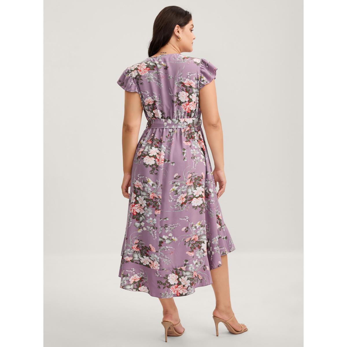 Plus Size Midnight Blooms Wrap A-Line Midi Dress Mauve Women Overlap Collar Cap Sleeve Curvy BloomChic 18-20/2X Product Image
