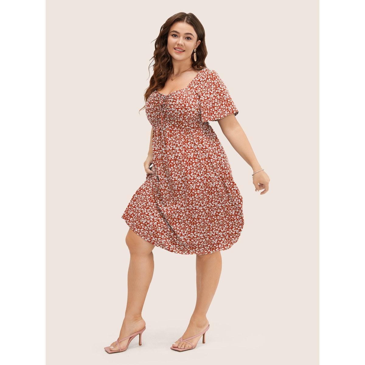 Plus Size Ditsy Floral Ruched Pocket Flutter Drawstring Knee Dress Crimson Women Elegant Non V-neck Short sleeve Curvy Knee Dress BloomChic 28/5X Product Image