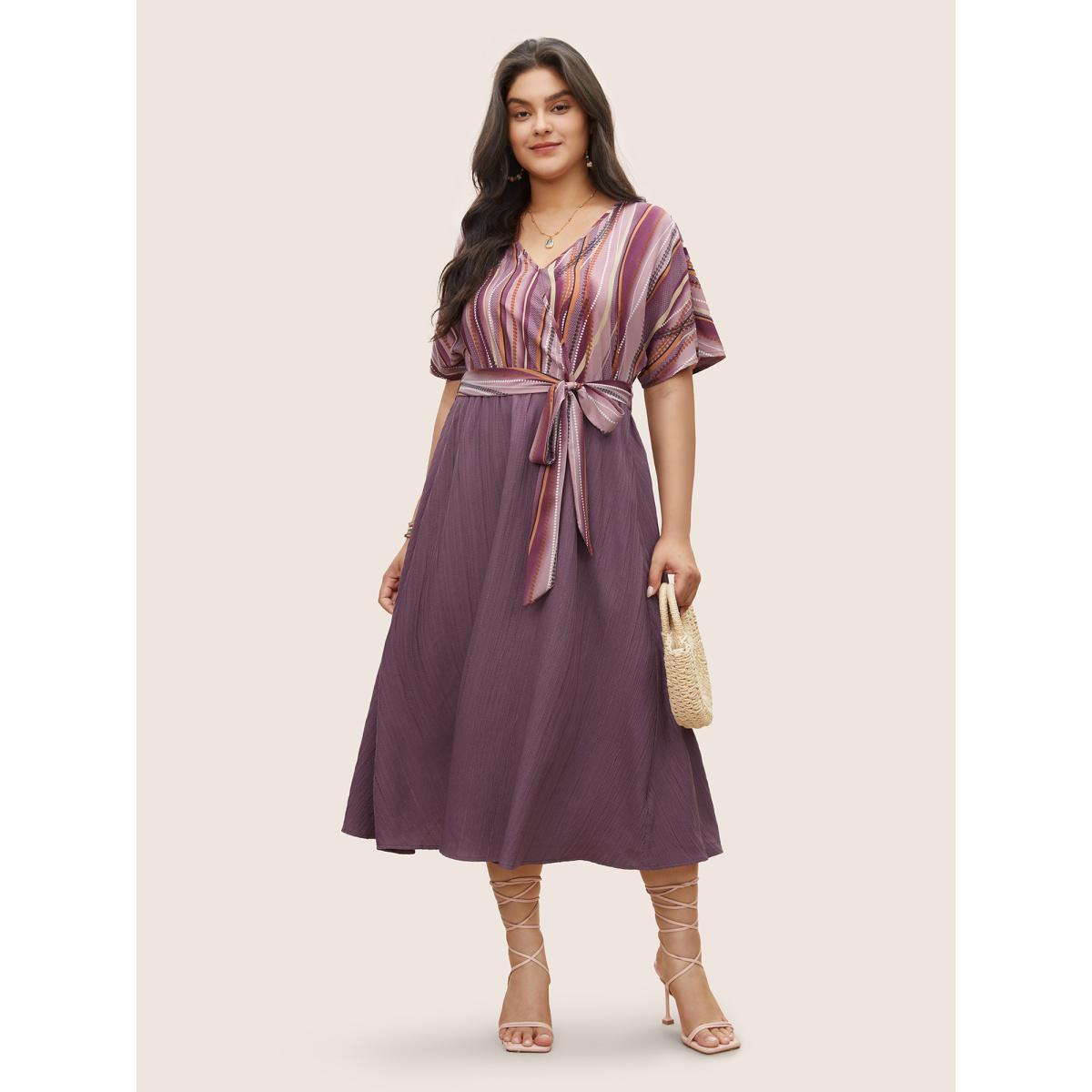 Plus Size Striped Patchwork Overlap Collar Ties Dress Mauve Women Resort Non Overlap Collar Short sleeve Curvy Midi Dress BloomChic 30/6X Product Image