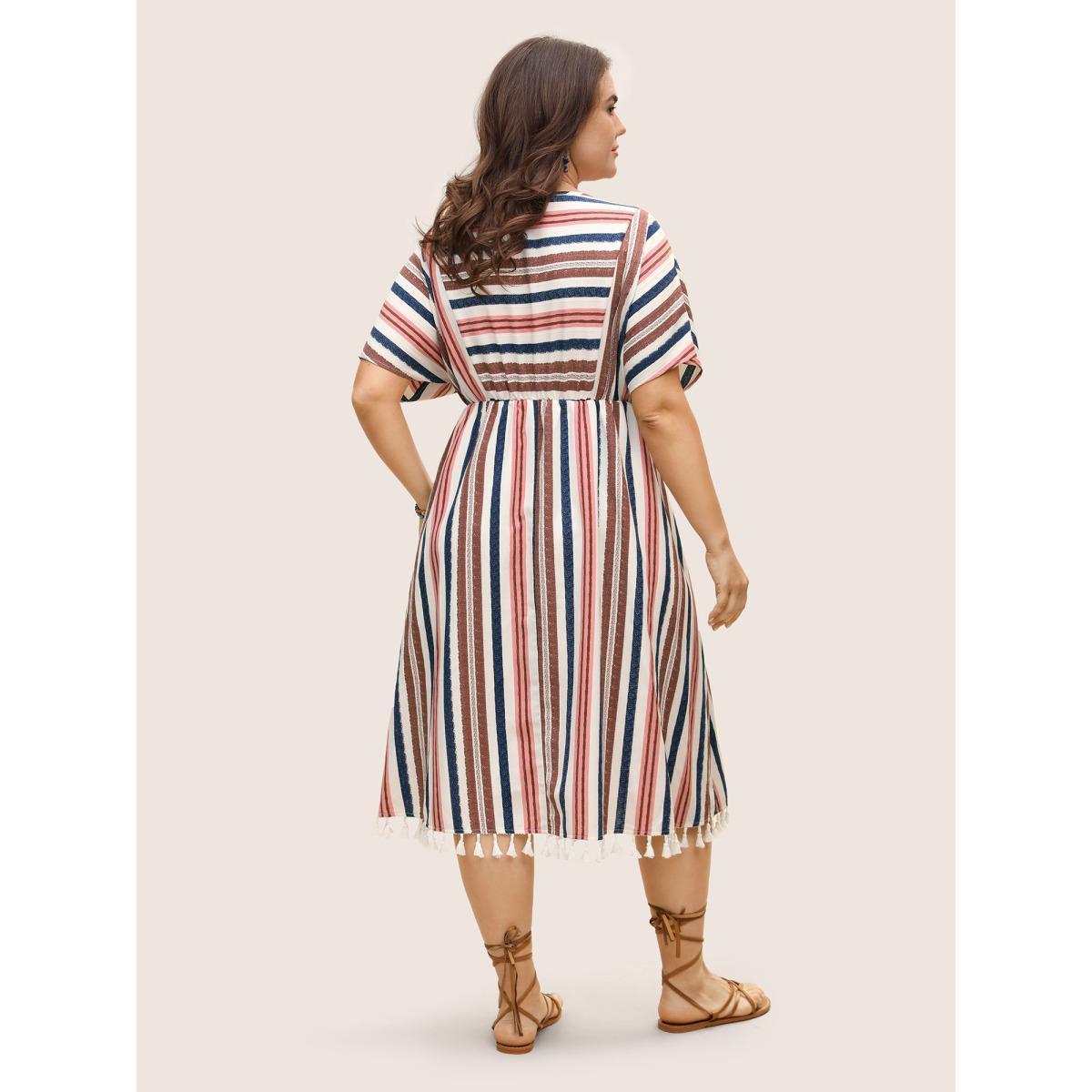 Plus Size Striped Elastic Waist Tassel Trim Gathered Dress Originalwhite Women Resort Flat collar with V-notch Short sleeve Curvy BloomChic 14-16/1X Product Image