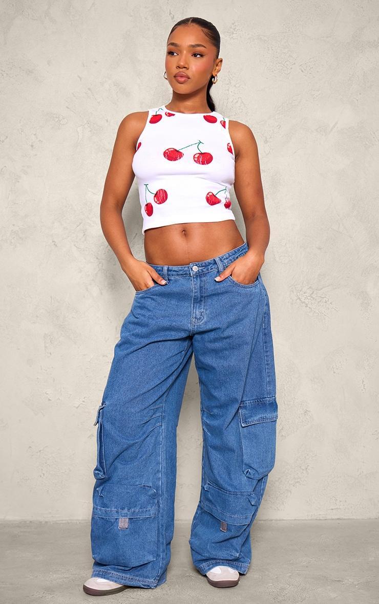 White Rib Cherry Printed Longline Racer Product Image