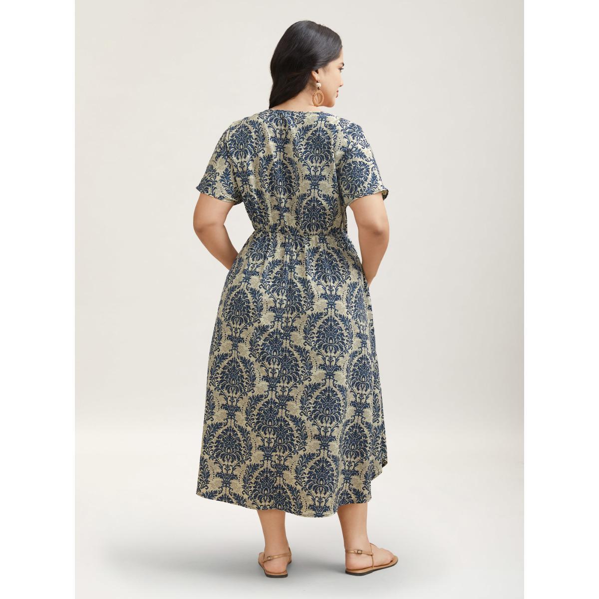 Plus Size Ornate Print Curvy Hem Tied Maxi Dress Navy Women Resort Tie knot V-neck Short sleeve Curvy BloomChic 10/M Product Image