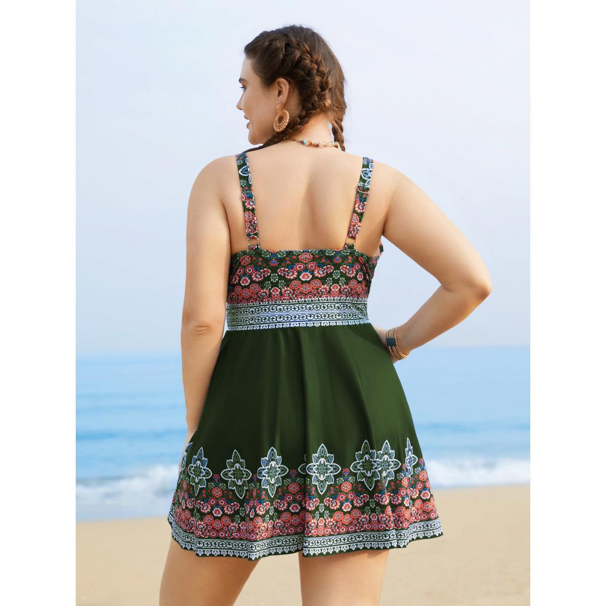 Plus Size Boho Print Surplice Neck Adjustable Swim Dress Women's Swimwear ArmyGreen Beach Bodycon Overlap Collar High stretch Curve Swim Dresses BloomChic 26/4X Product Image