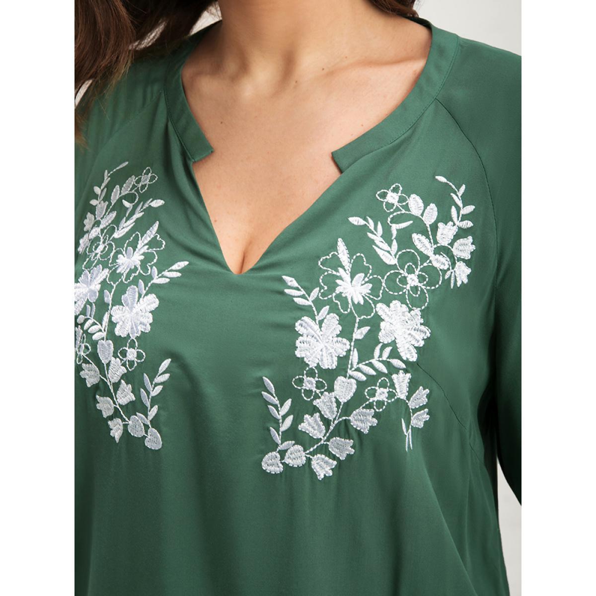 Plus Size Green Floral Embroidered Puff Sleeve V Neck Blouse Women Elegant Half Sleeve V-neck Dailywear Blouses BloomChic 22-24/3X Product Image