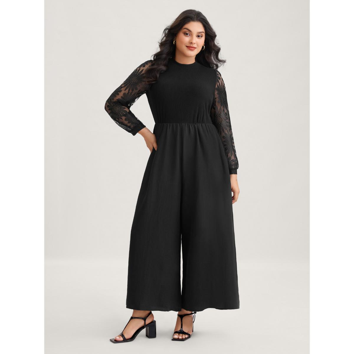 Plus Size Black Crochet Lace Mesh Mock Neck Jumpsuit Women Elegant Long Sleeve Mock Neck Everyday Loose Jumpsuits BloomChic 30/6X Product Image