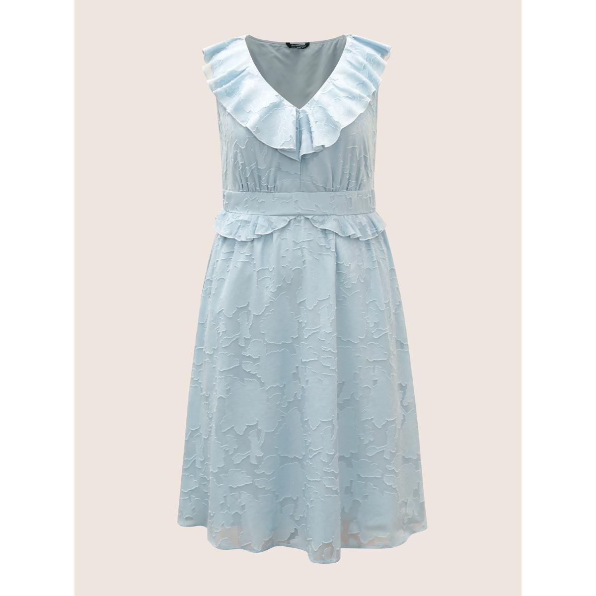 Plus Size Plisse Ruffle Trim Gathered Sleeveless Dress LightBlue Women Elegant Texture V-neck Sleeveless Curvy BloomChic 14-16/1X Product Image