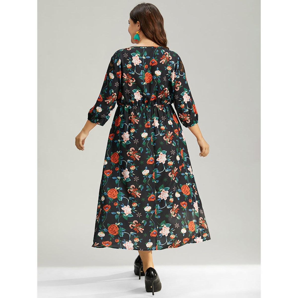 Plus Size Floral Crochet Lace Mesh Overlap Collar Dress Black Women Office Elastic cuffs Overlap Collar Elbow-length sleeve Curvy Midi Dress BloomChic 30/6X Product Image