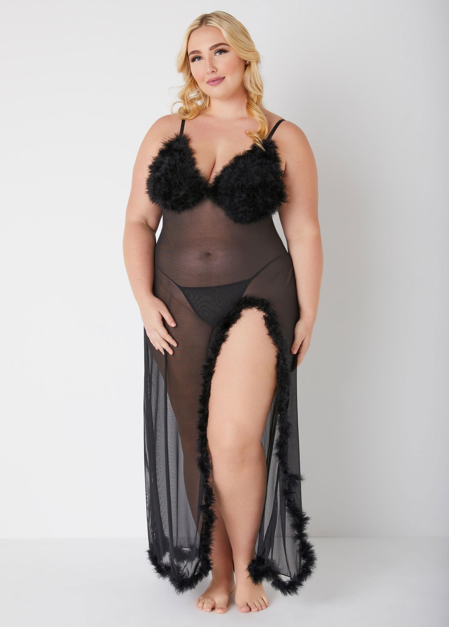 Plus Size Feather Trimmed Mesh Gown Set Ashley Stewart Product Image
