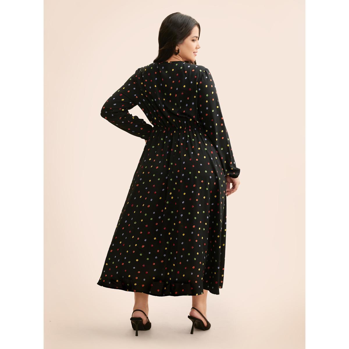 Plus Size Overlap Collar Color Polka Dot Dress Black Women Elegant Gathered Overlap Collar Long Sleeve Curvy BloomChic 14-16/1X Product Image