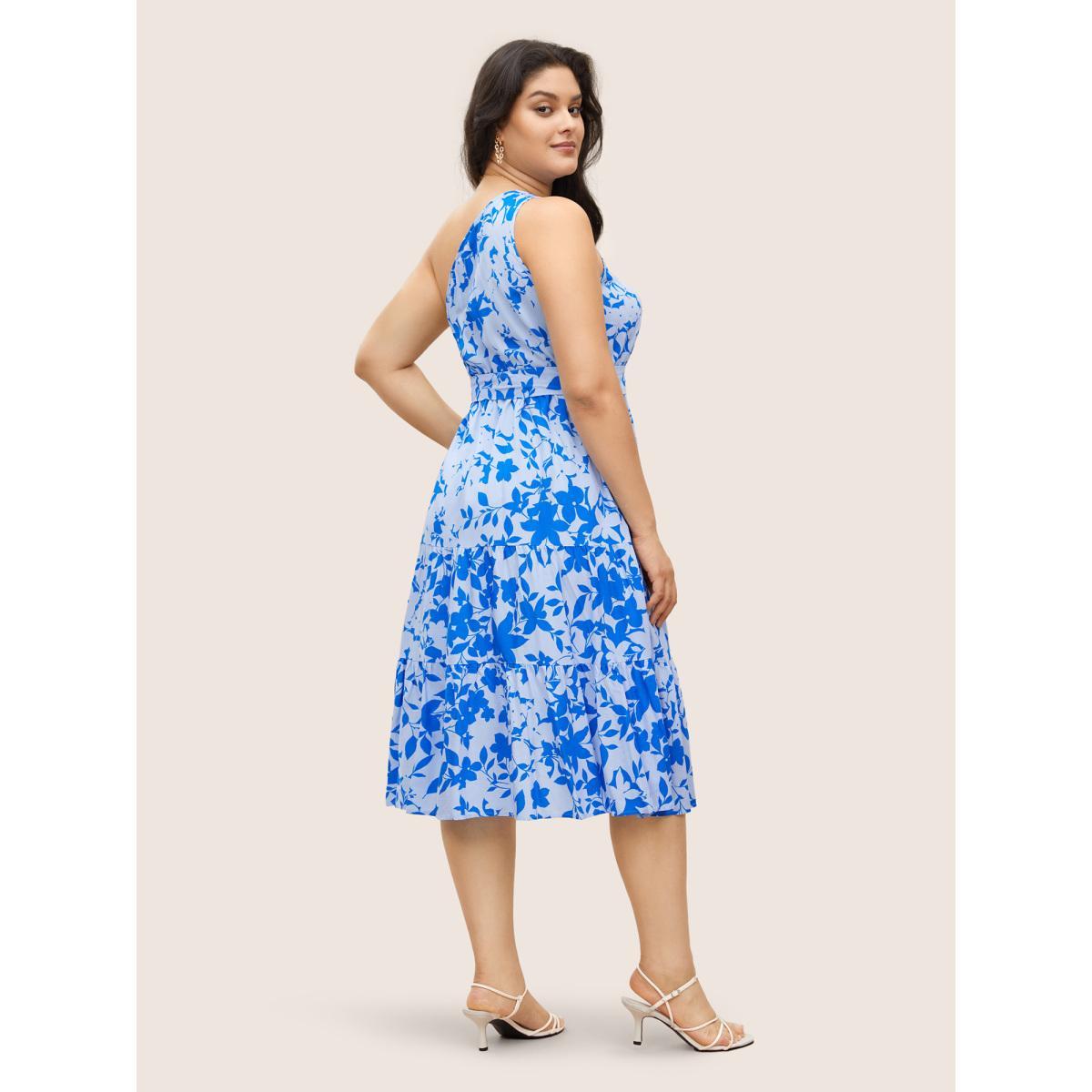 Plus Size Silhouette Floral Print One Shoulder Belted Dress Blue Women Elegant Belted Asymmetrical Neck Long Sleeve Curvy Midi Dress BloomChic 22-24/3X Product Image