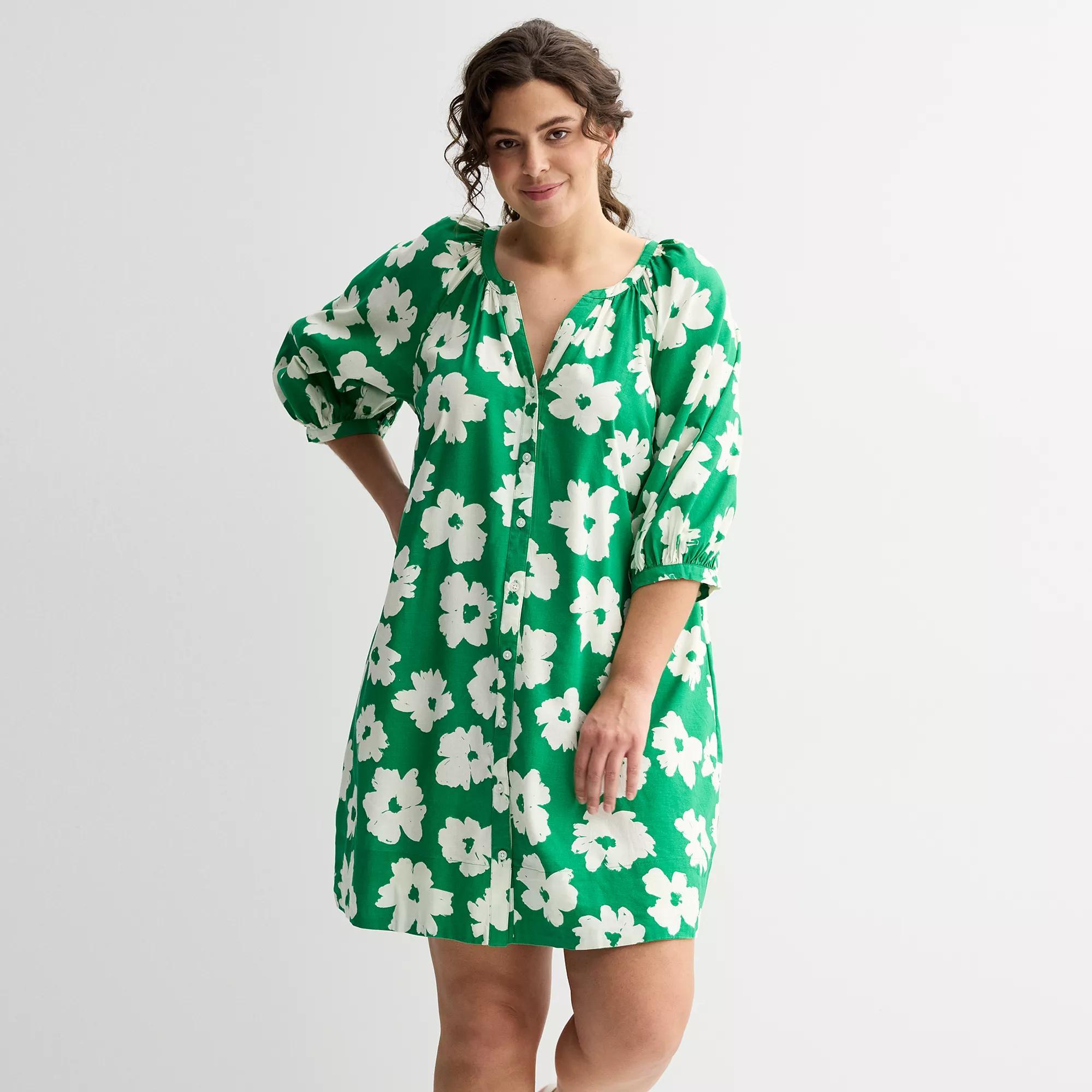 Plus Size Sonoma Goods For Life® Button Front Elbow Sleeve Shift Dress, Women's, Size: 3XL, Medium Green Floral Product Image