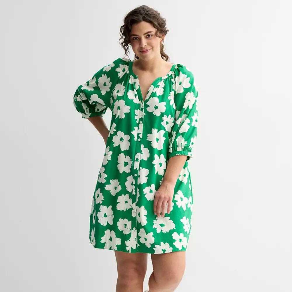 Plus Size Sonoma Goods For Life® Button Front Elbow Sleeve Shift Dress, Women's, Size: 3XL, Medium Green Floral Product Image