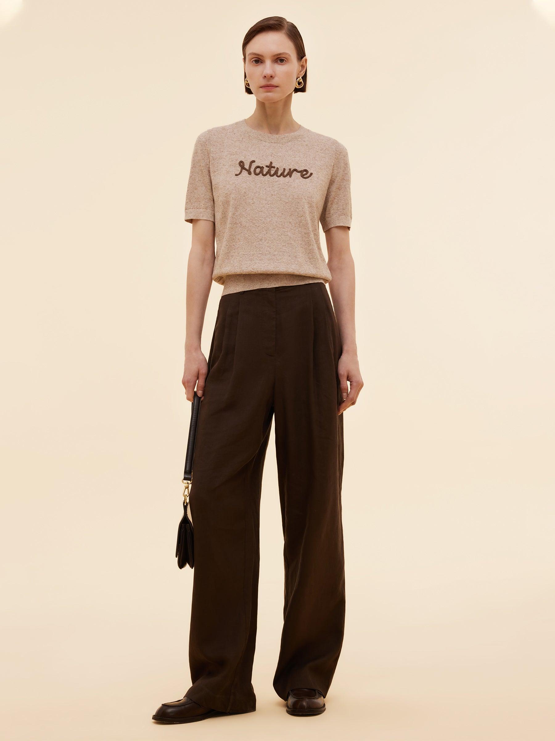 Linen Blend Letter Embroidered Women Knit Top Product Image