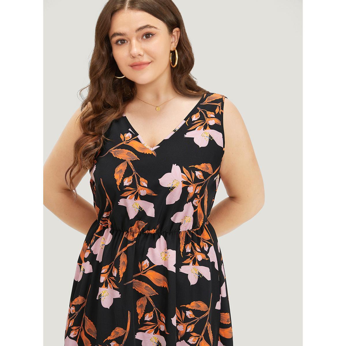 Plus Size Floral Print Pocket V Neck Elastic Waist Sleeveless Dress Black Women Elegant Elastic Waist V-neck Sleeveless Curvy Midi Dress BloomChic 14-16/1X Product Image