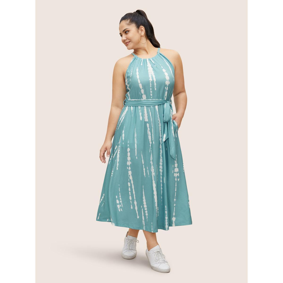 Plus Size Tie Dye Halter Neck Belted Gathered Dress LightBlue Women Casual Gathered Halter neck Sleeveless Curvy BloomChic 22-24/3X Product Image