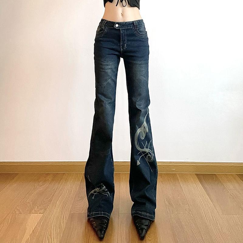 Low Waist Graphic Print Slim-Fit Boot-Cut Jeans Product Image