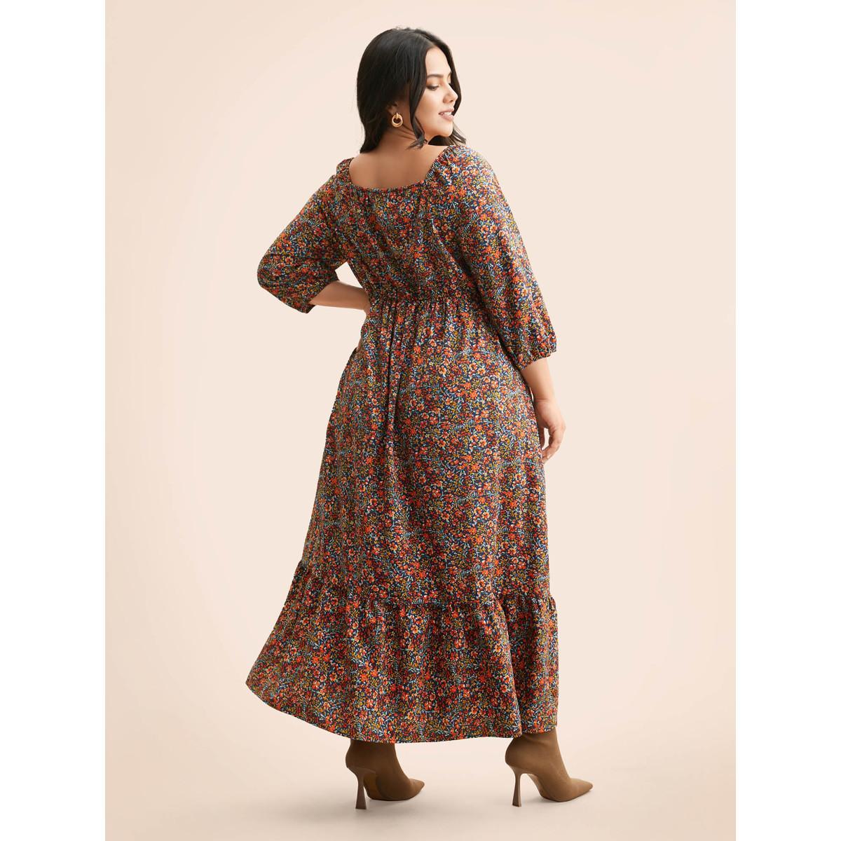 Plus Size Ditsy Floral Woven Ribbon Maxi Dress Navy Women Elegant Woven ribbon&lace trim Heart neckline Elbow-length sleeve Curvy BloomChic 10/M Product Image