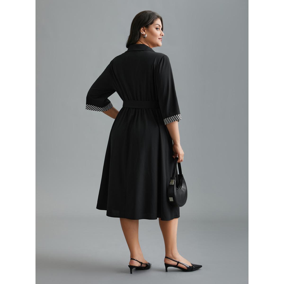 Plus Size Tab Sleeve Striped Belted Shirt Dress Black Women At the Office Belted Shirt collar Elbow-length sleeve Curvy BloomChic 26/4X Product Image
