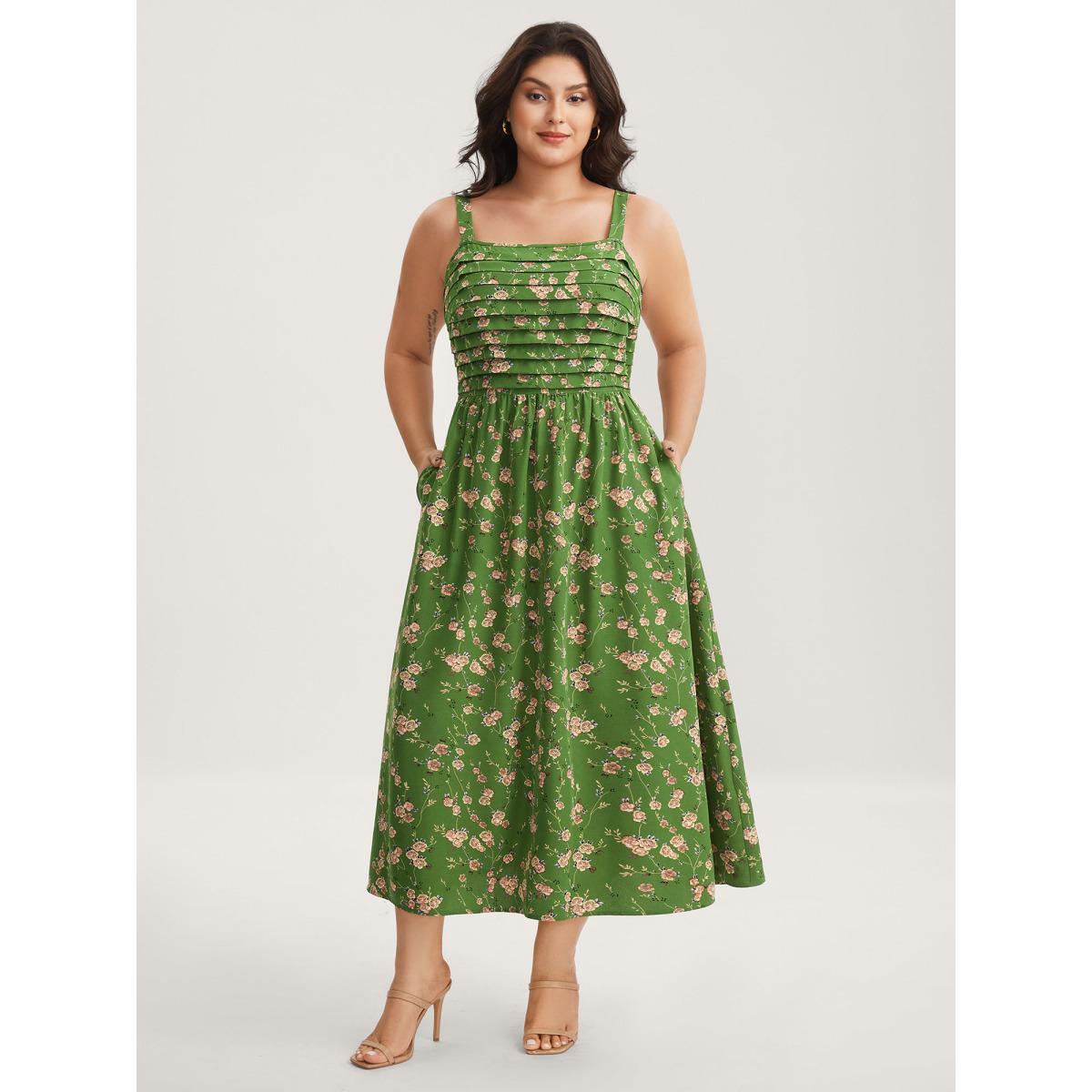 Plus Size Breezy Floral Pleated Pockets Midi Dress Emerald Women Non Sleeveless Curvy BloomChic 10/M Product Image