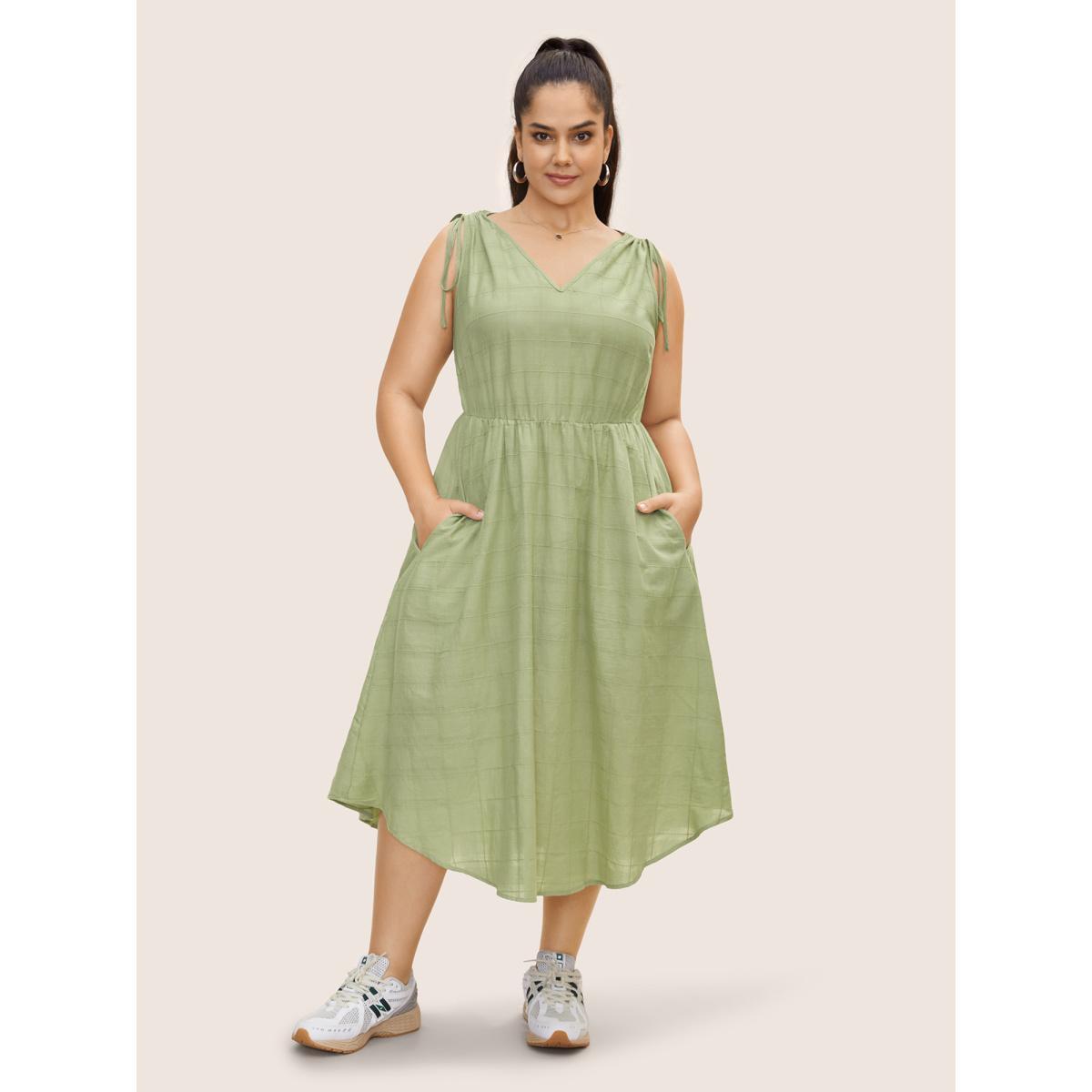 Plus Size V Neck Solid Textured Drawstring Midi Dress Palemauve Women Casual Texture V-neck Sleeveless Curvy BloomChic 18-20/2X Product Image