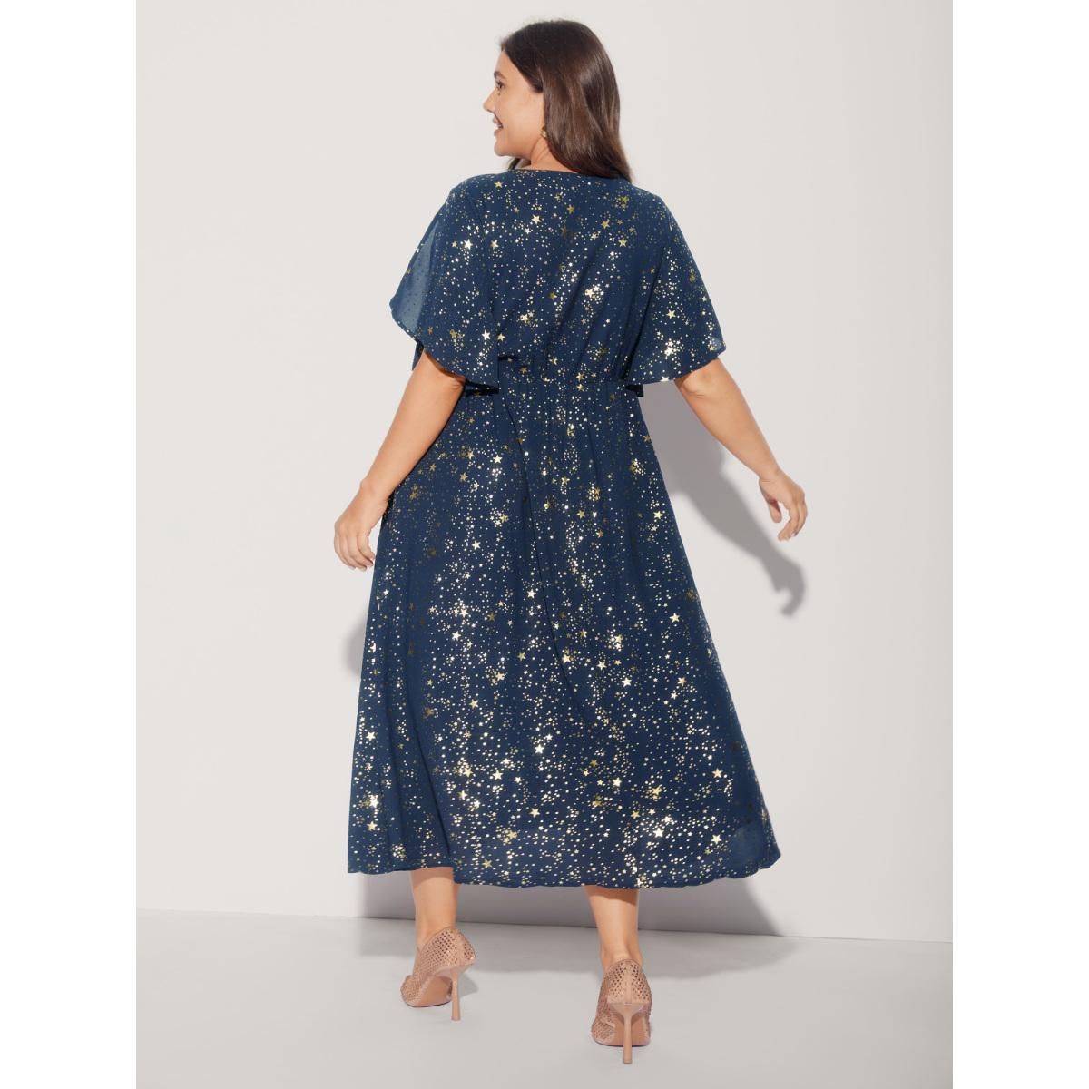Plus Size Glitter Star Split Sleeve Midi Dress DarkBlue Women Elegant Gathered Round Neck Short sleeve Curvy BloomChic 22-24/3X Product Image