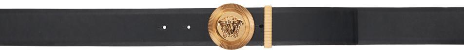 VERSACE Medusa Streamlined Leather Belt With Adjustable Length And Gold-tone Buckle In Black Product Image
