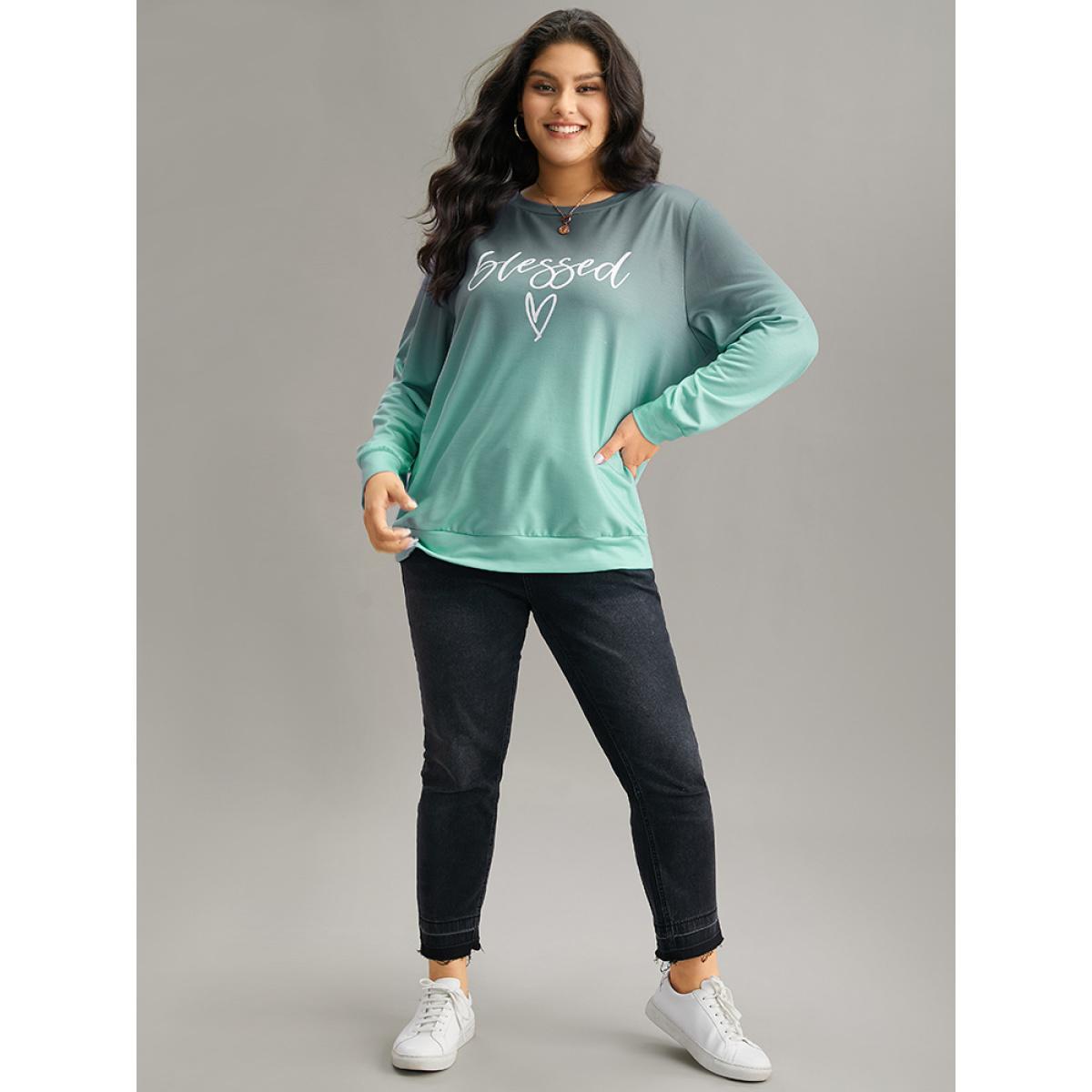 Plus Size Letter Print Ombre Crew Neck Sweatshirt Women Cyan Casual Printed Dailywear Sweatshirts BloomChic 26/4X Product Image