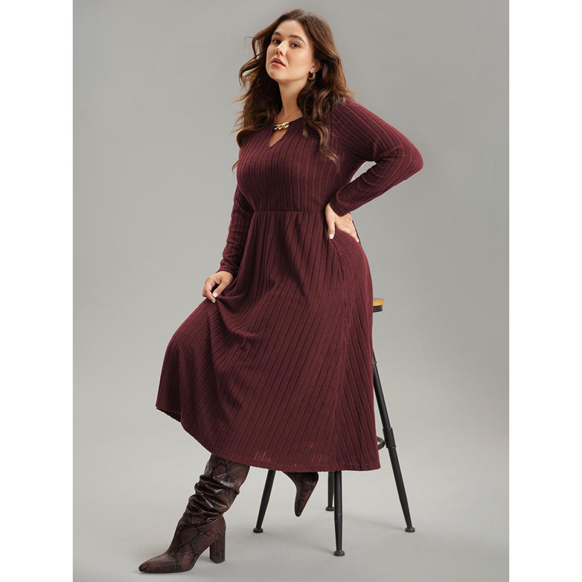 Plus Size Rib Knit Plain Notched Pocket Dress Scarlet Women Work From Home Rib Knit Notched collar Long Sleeve Curvy Midi Dress BloomChic 30/6X Product Image