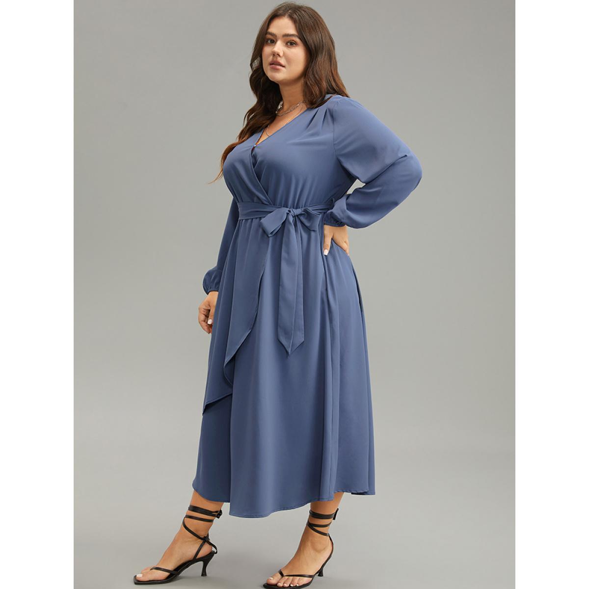 Plus Size Anti-Wrinkle Wrap Layered Belted Dress Stone Women Elegant Plain V-neck Long Sleeve Curvy Midi Dress BloomChic 14-16/1X Product Image
