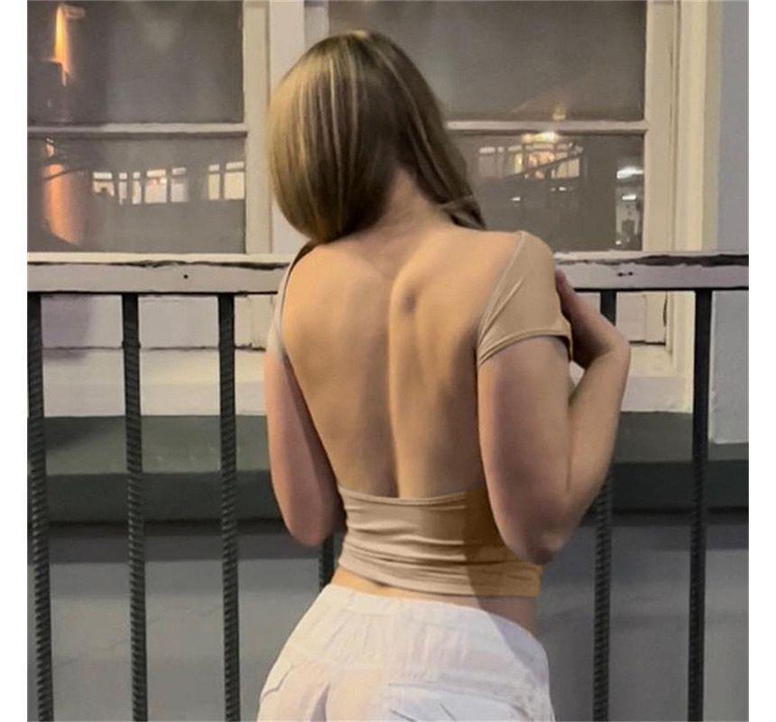 Cap Sleeve Round Neck Plain Backless Tee Product Image