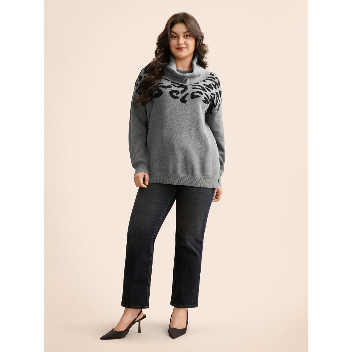 Plus Size Leopard Print Turtleneck Drop Shoulder Sleeve Pullover DarkGray Women Casual Long Sleeve Turtleneck Everyday Pullovers BloomChic 14-16/1X Product Image