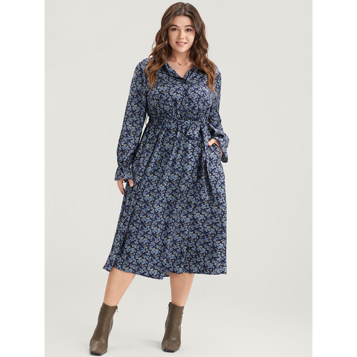 Plus Size Ditsy Floral Pocket Belted Shirt Collar Dress Indigo Women Elegant Elastic Waist Shirt collar Long Sleeve Curvy Midi Dress BloomChic 10/M Product Image