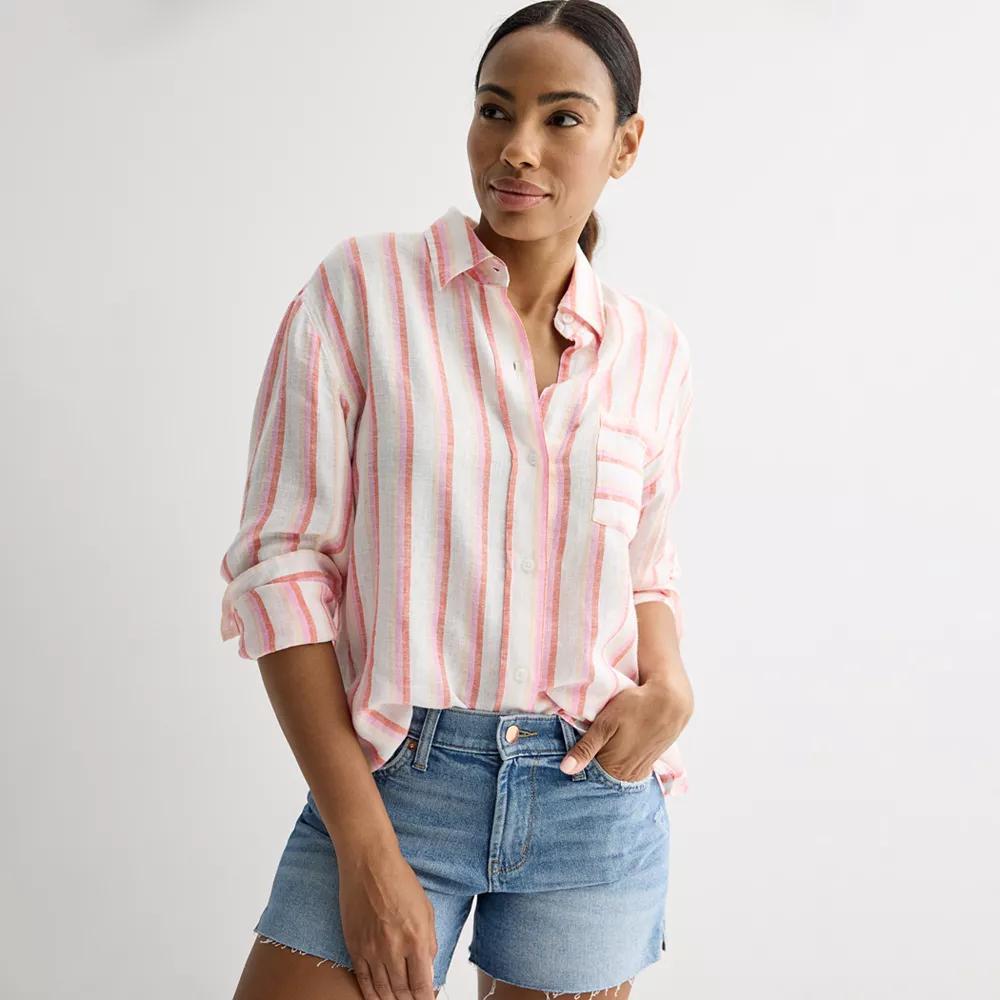 Petite Sonoma Goods For Life® Linen Boyfriend Shirt, Women's, Size: XXL Petite, Multi Pink Stripe Product Image
