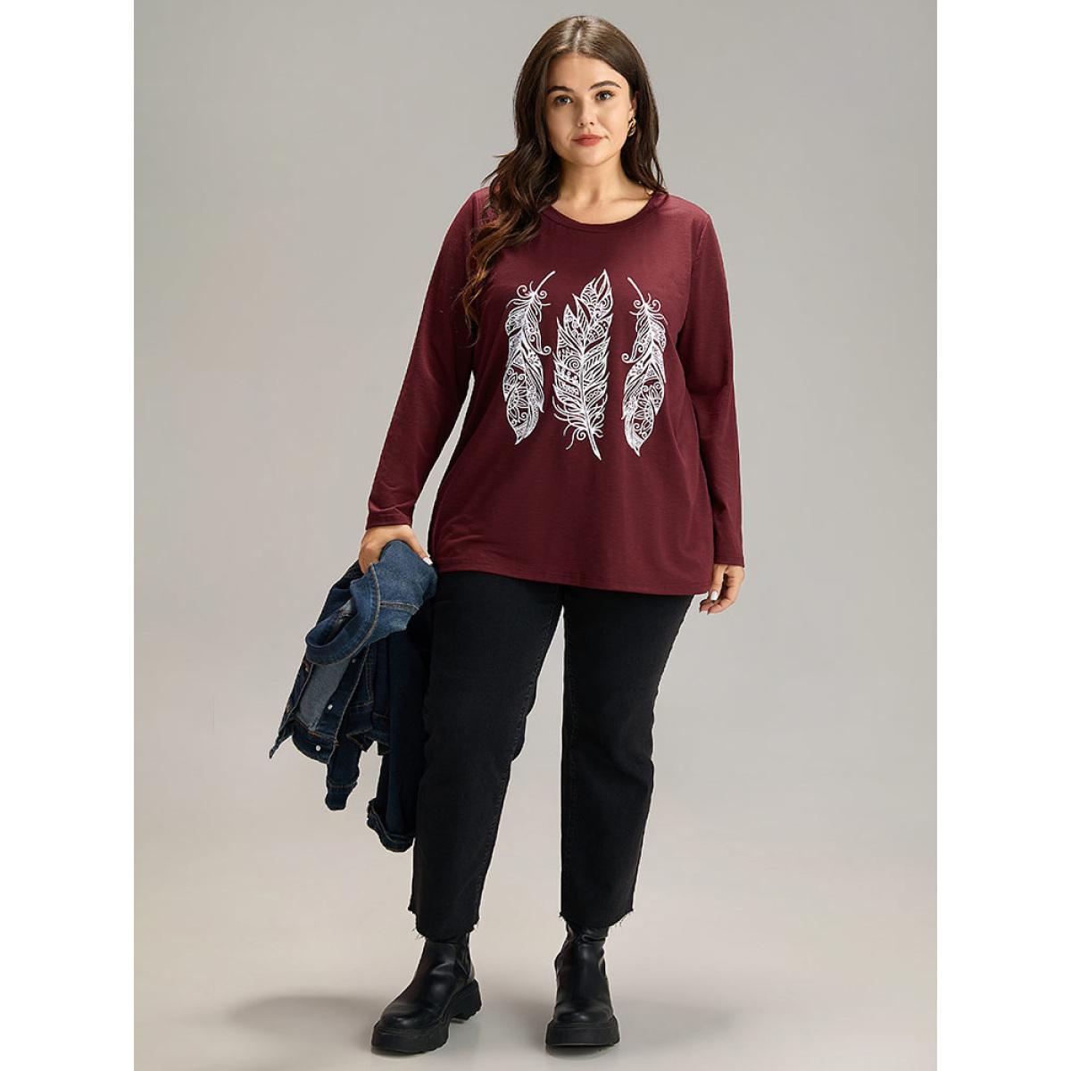 Plus Size Feather Print Round Neck T-shirt Burgundy Women Casual Printed Art&design Dailywear T-shirts BloomChic 12/L Product Image