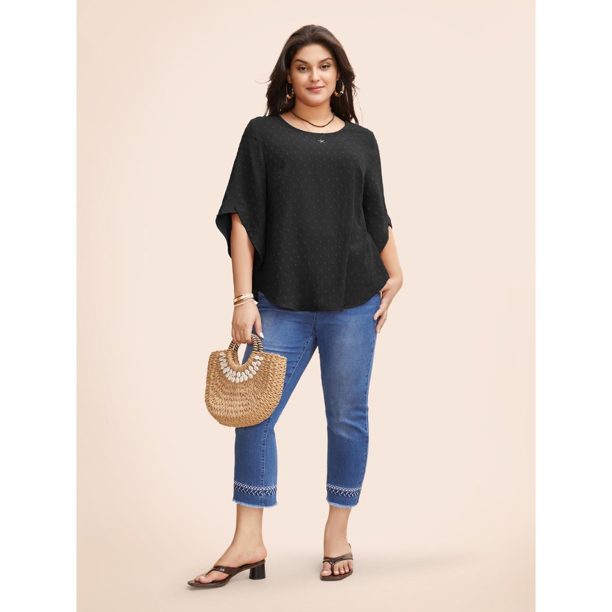 Plus Size Deepred Textured Round Neck Bell Sleeve Blouse Women Elegant Elbow-length sleeve Round Neck Everyday Blouses BloomChic 14-16/1X Product Image