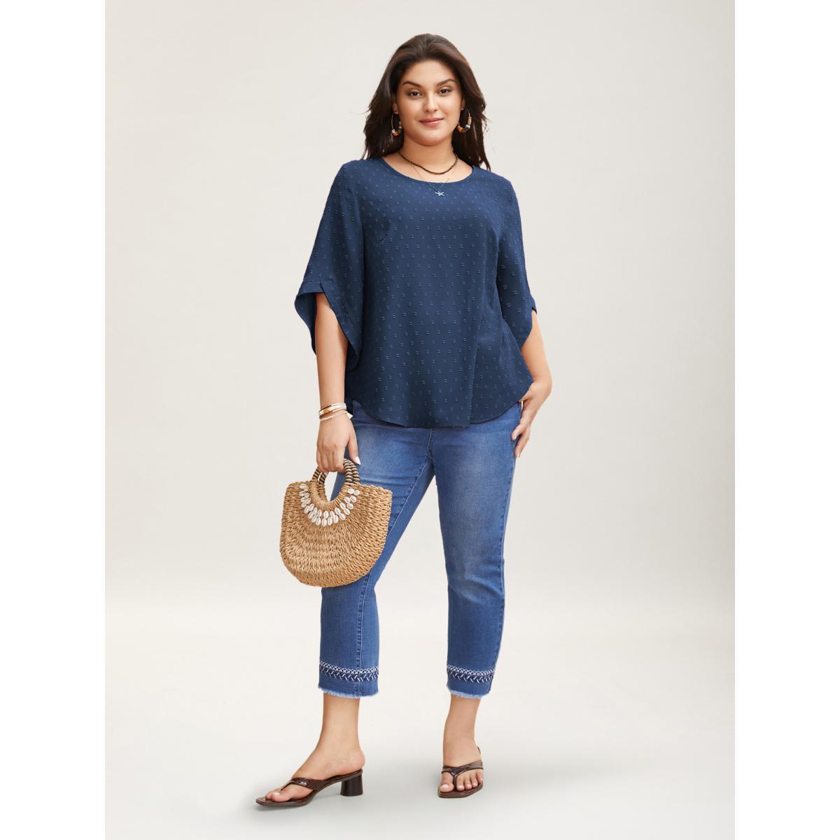 Plus Size Deepred Textured Round Neck Bell Sleeve Blouse Women Elegant Elbow-length sleeve Round Neck Everyday Blouses BloomChic 14-16/1X Product Image