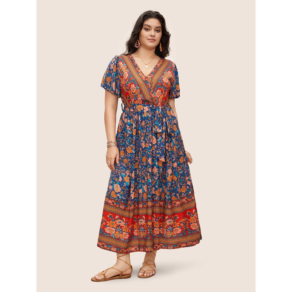 Plus Size Bandana Surplice Neck Pocket Belted Flutter Hem Maxi Dress DarkBlue Women Resort Non V-neck Short sleeve Curvy Long Dress BloomChic 14-16/1X Product Image