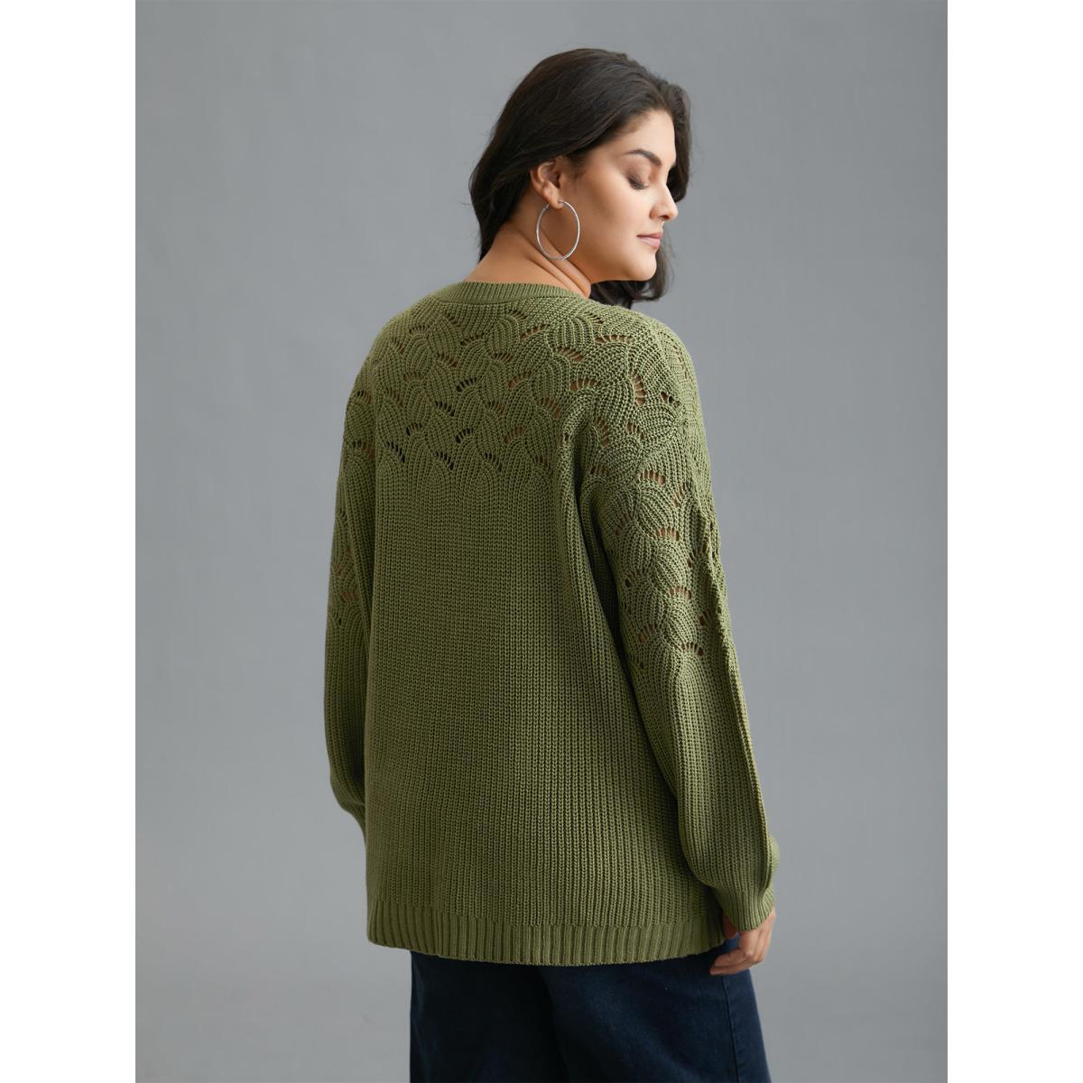 Plus Size Textured Cut-out Balloon Sleeves Pullover Moss Women Casual Loose Long Sleeve Round Neck Everyday Pullovers BloomChic 12/L Product Image