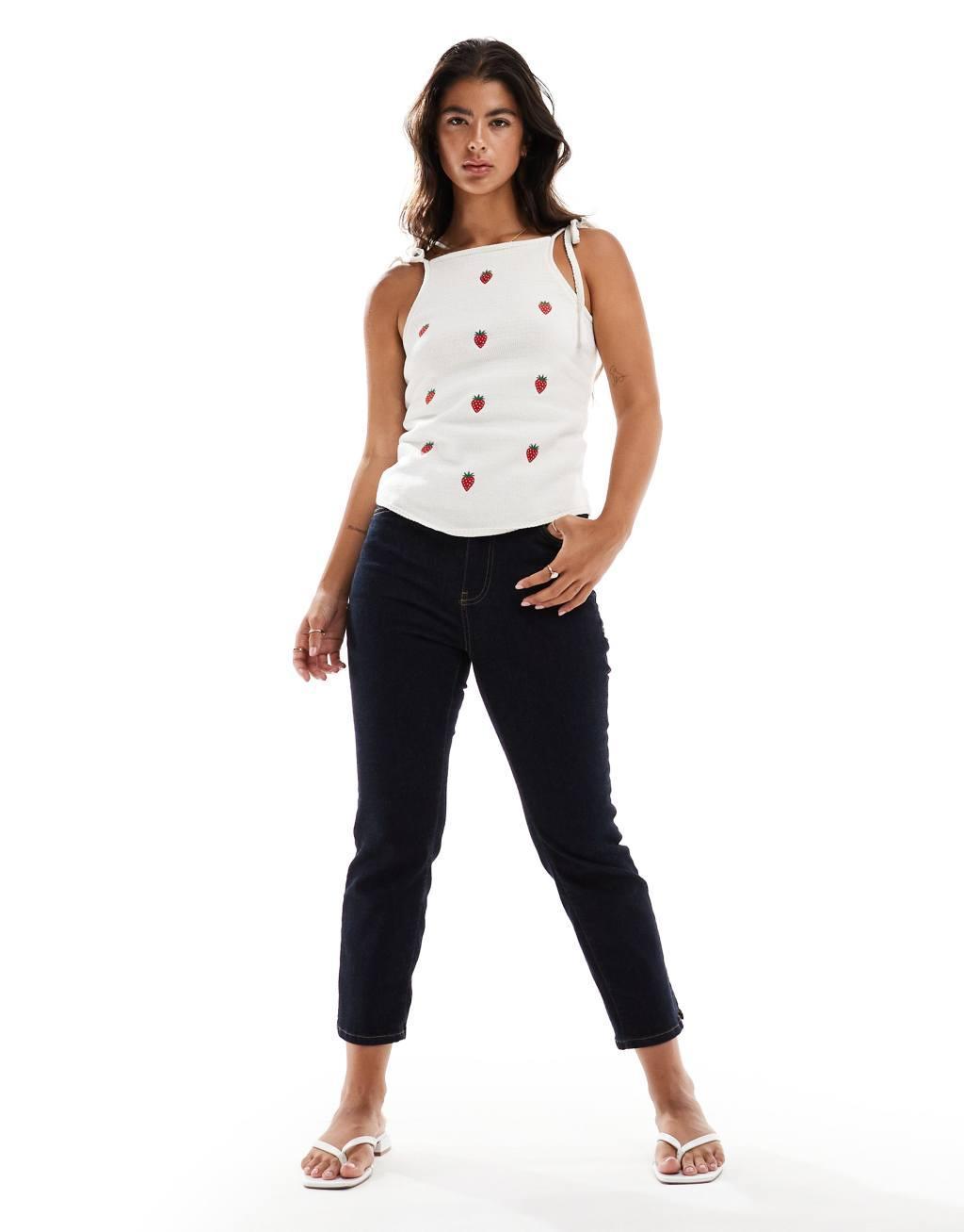 ASOS DESIGN fruit embroidered hanky halter top in white Product Image