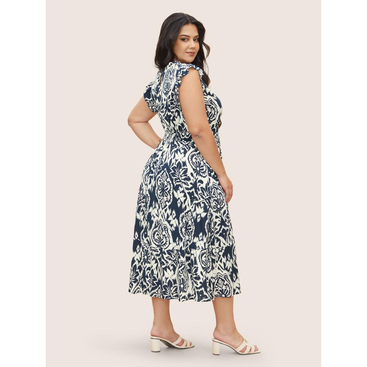 Plus Size Boho Print Mock Neck Shirred Ruffle Cap Sleeve Dress Navy Women Resort Shirred Mock Neck Cap Sleeve Curvy Midi Dress BloomChic 14-16/1X Product Image