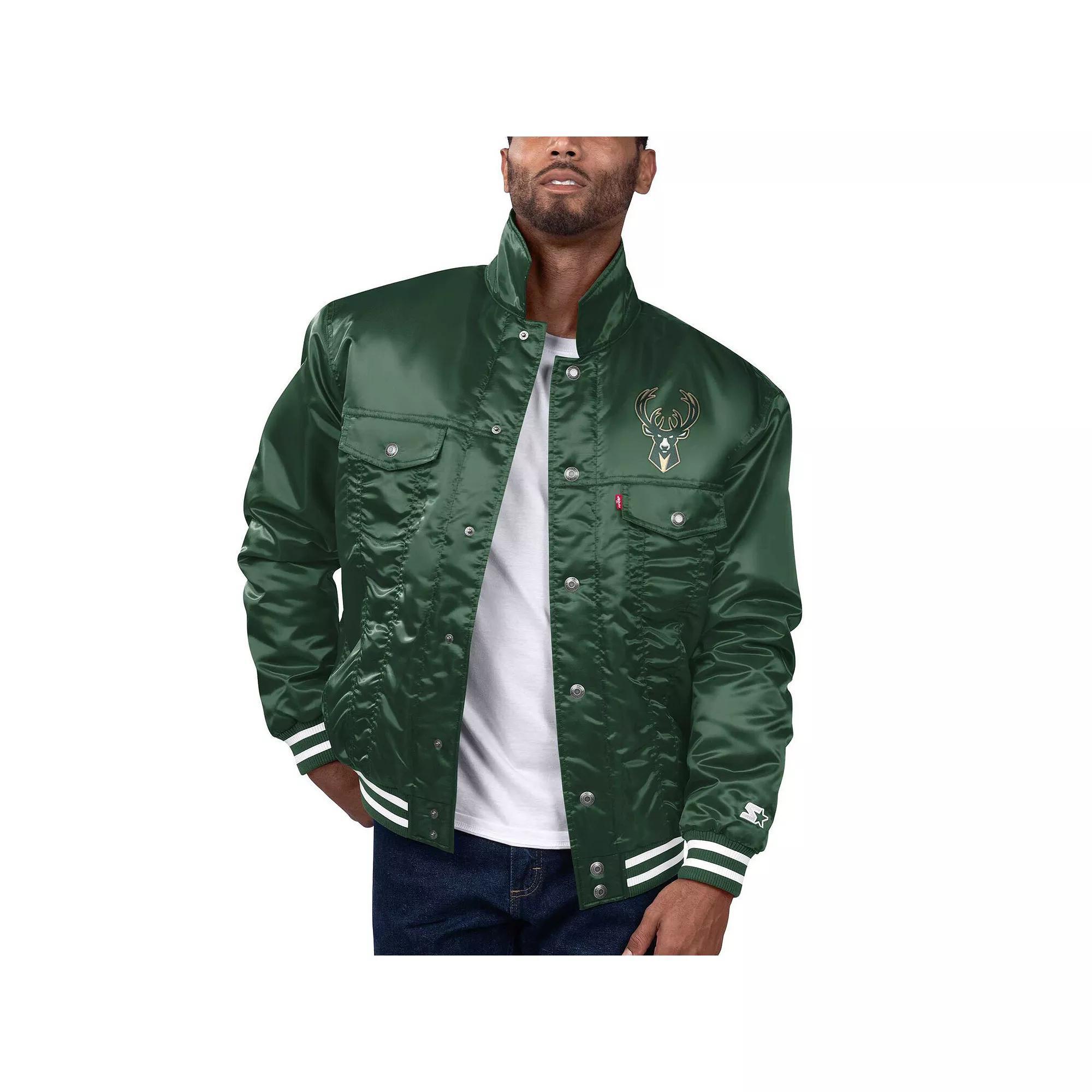 Men's Starter x Levi's Blue New York Knicks Silver Label Trucker Satin Full-Snap Jacket, Size: Medium Product Image