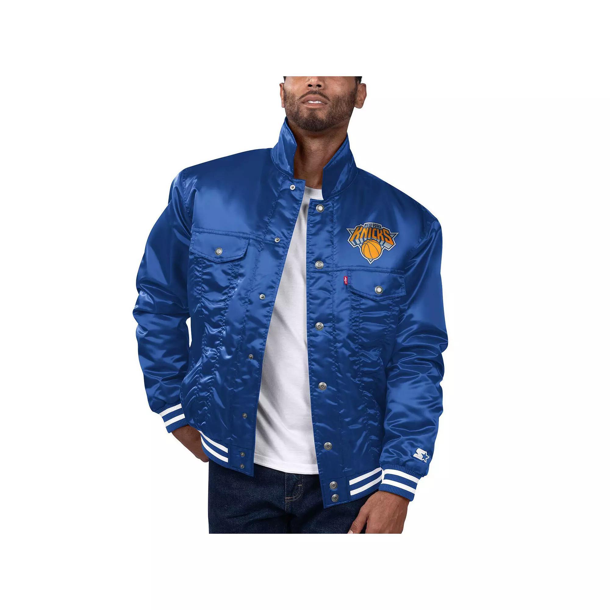 Men's Starter x Levi's Blue New York Knicks Silver Label Trucker Satin Full-Snap Jacket, Size: Medium Product Image