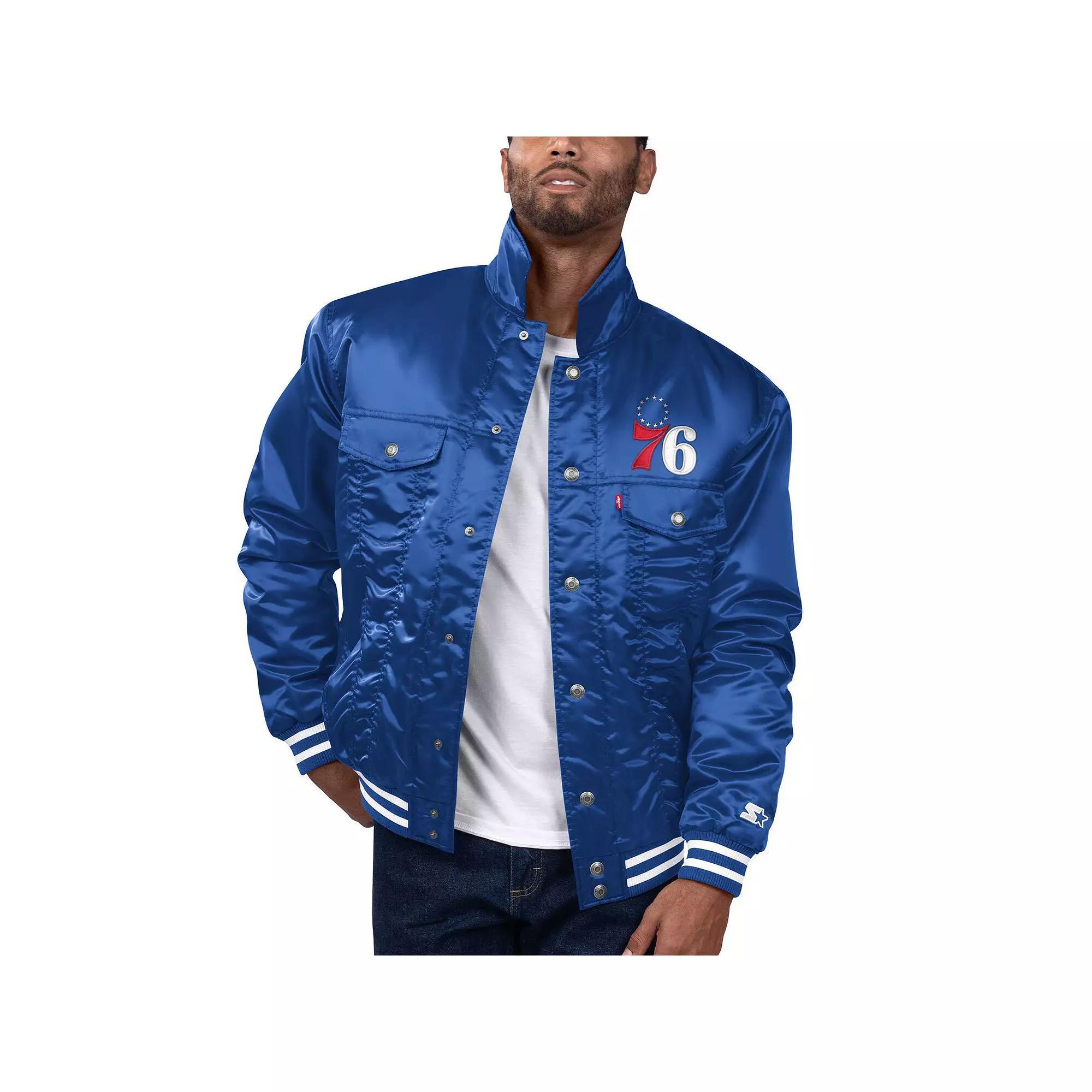 Men's Starter x Levi's Royal Philadelphia 76ers Silver Label Trucker Satin Full-Snap Jacket, Size: Small, 76r Blue Product Image