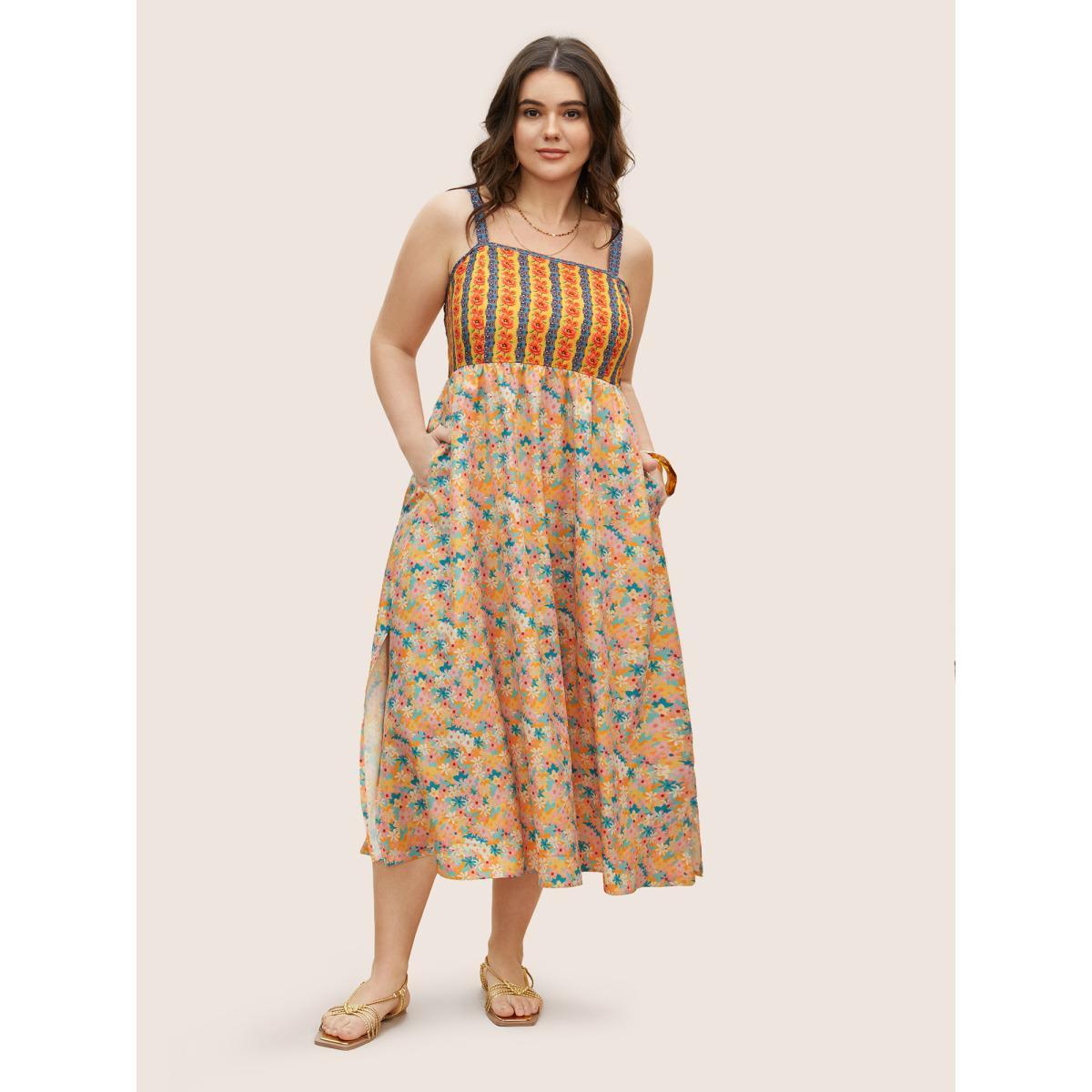 Plus Size Boho Print Elastic Waist Split Hem Dress Lightorange Women Resort Patchwork Non Sleeveless Curvy BloomChic 30/6X Product Image