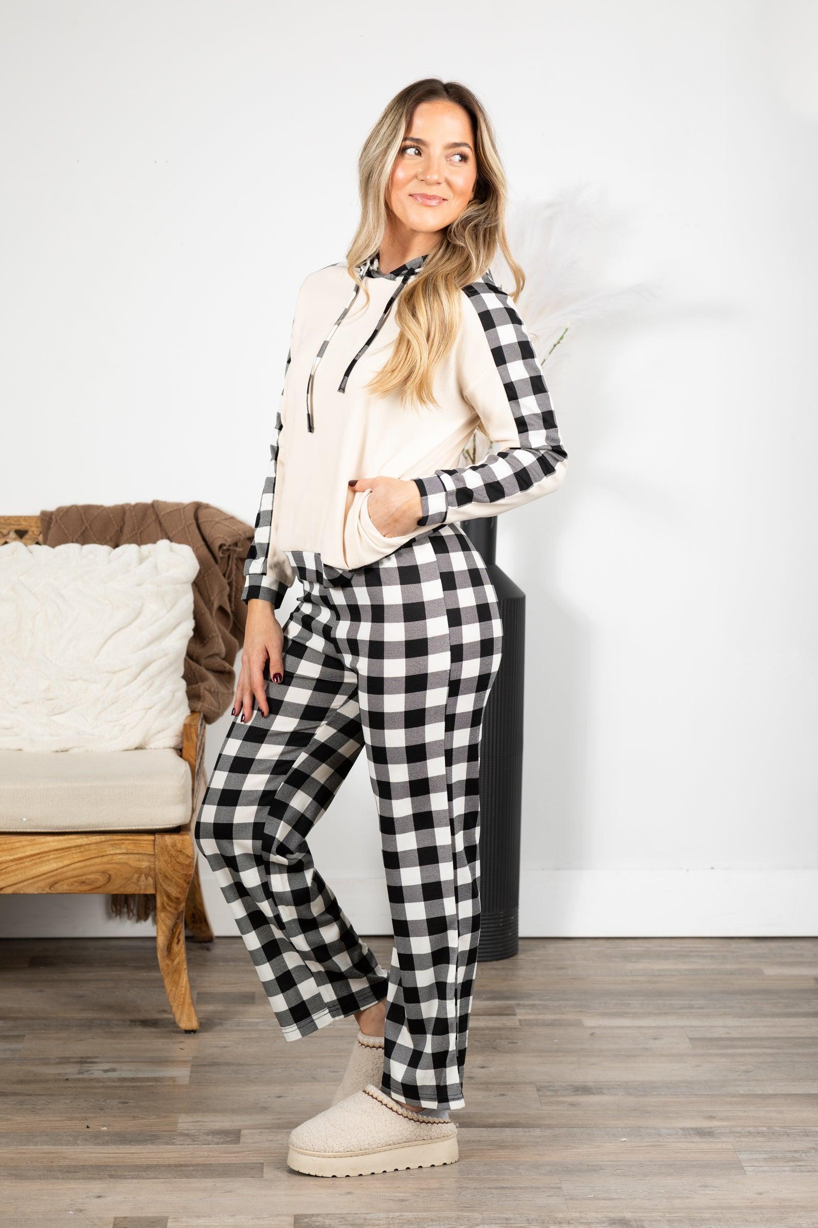 Beige And Black Checker Plaid Pajama Set Product Image