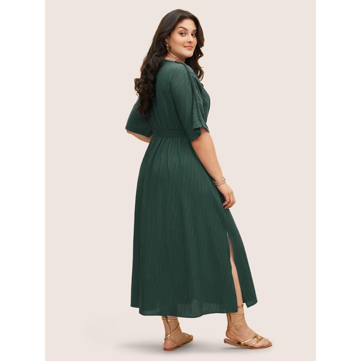 Plus Size V Neck Shirred Contrast Webbing Split Side Dress DarkGreen Women Resort Texture V-neck Half Sleeve Curvy BloomChic 18-20/2X Product Image