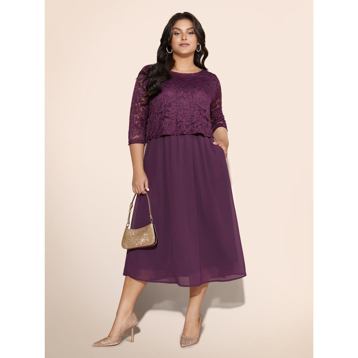 Plus Size Round Neck Crochet Lace Mesh Dress Deeppurplered Women Cocktail Woven ribbon&lace trim Round Neck Elbow-length sleeve Curvy BloomChic 30/6X Product Image