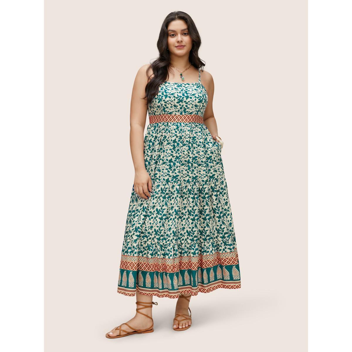 Plus Size Boho Print Patchwork Adjustable Straps Cami Dress Emerald Women Resort Non Spaghetti Strap Sleeveless Curvy Midi Dress BloomChic 26/4X Product Image